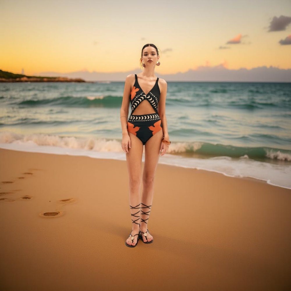 Black and Orange Swimsuit with matching skirt